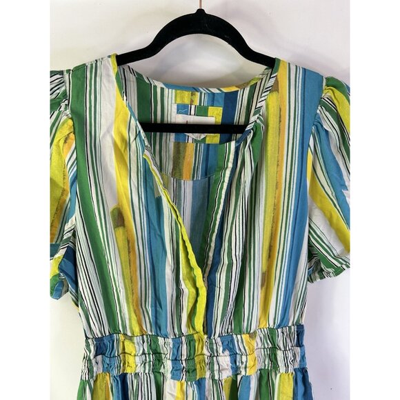 Anthropologie Rainbow Stripe Tiered Puff Sleeve Mini Dress - Picture 4 of 8